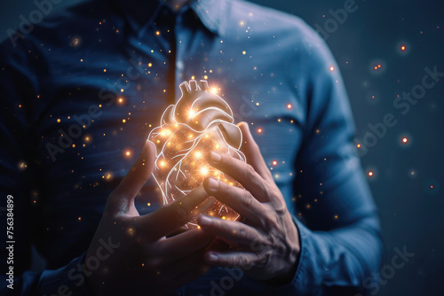 A man is holding a heart in his hands, surrounded by a glowing, star-like light