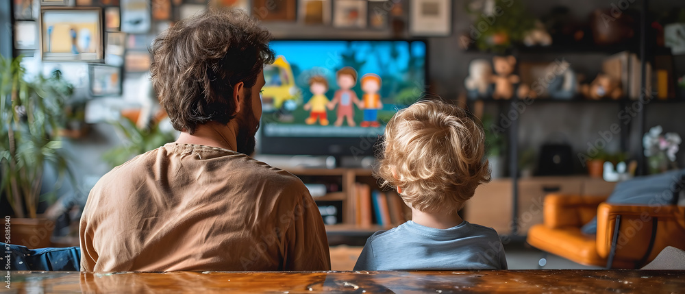 Father and son watching television at home. Leisure and entertainment concept