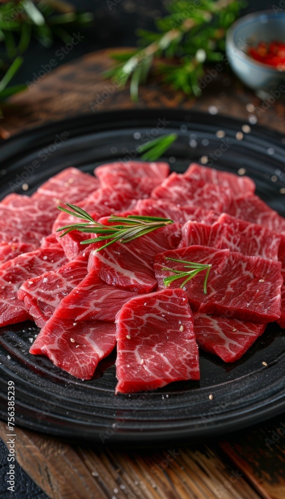 Asian sliced raw wagyu steak bbq with copy space, traditional chinese japanese korean beef dish