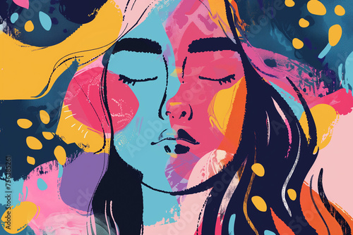 Colorful abstract illustration of a female's closed-eye profile with vibrant brush strokes, ideal for creative backgrounds or artistic concepts, with space for text on the right photo