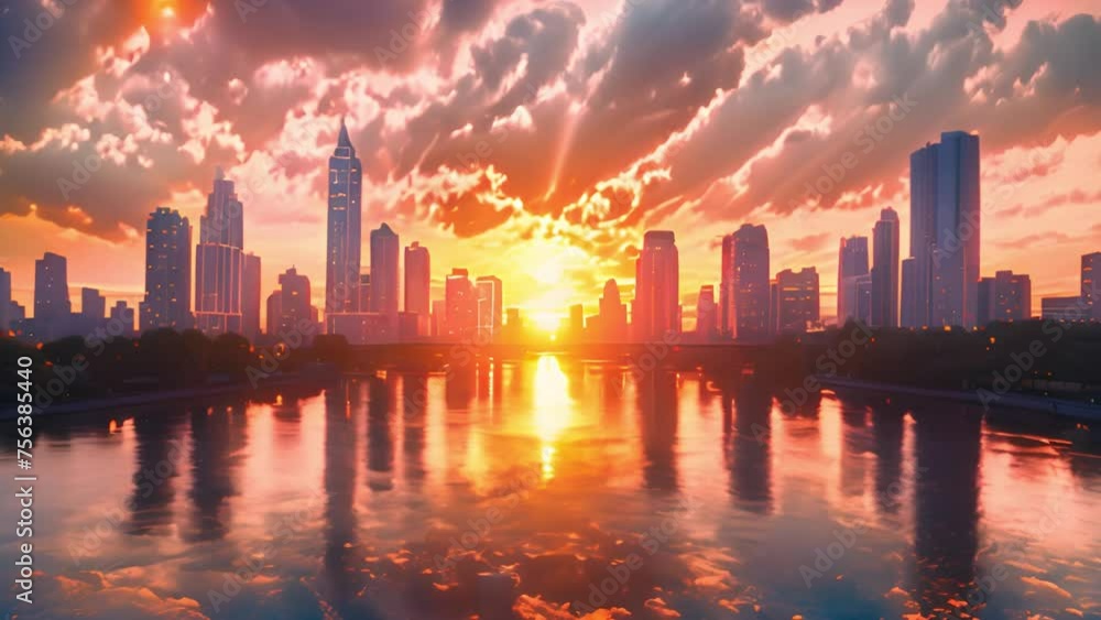 Golden hour: sun descends amidst city buildings, casting warm glow on horizon's edge. Golden hour: sun descends amidst city buildings, casting warm glow on horizon's edge.