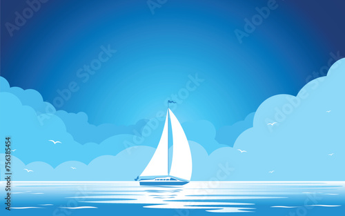 Sailing yacht on the sea waves. Modern sailboat, blue sea and sky with clouds. Vector background header template 