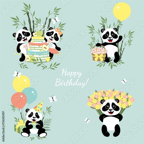 Collection of little pandas. Happy birthday.