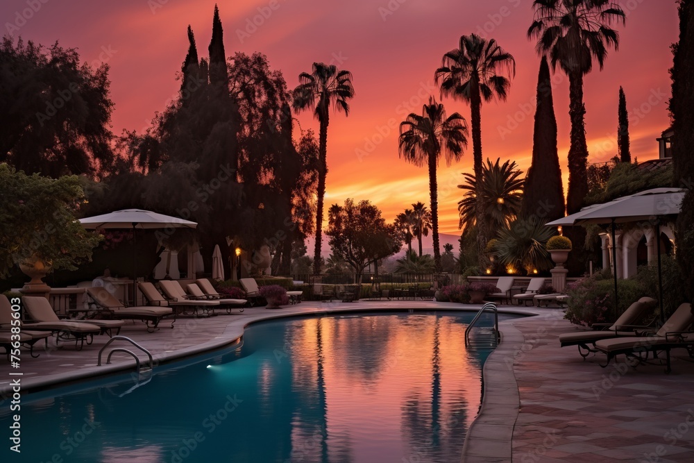 Palm trees at sunset with a swimming pool in the foreground