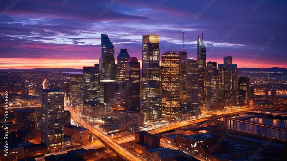 A stunning cityscape of a modern city with skyscrapers and highways at sunset