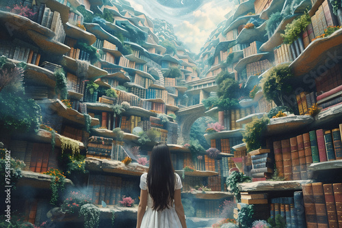 Rear view of a young woman gazing at a fantastical library cityscape with lush greenery, ideal for concept art or backgrounds with copy space © fotogurmespb