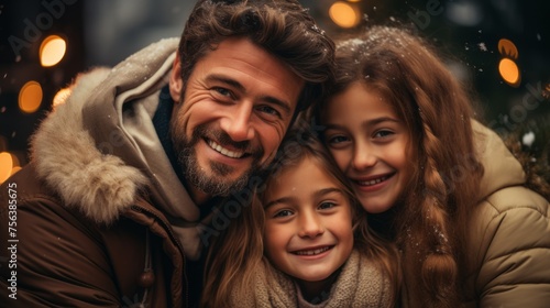 Happy family of three posing for a photo in the snow during winter