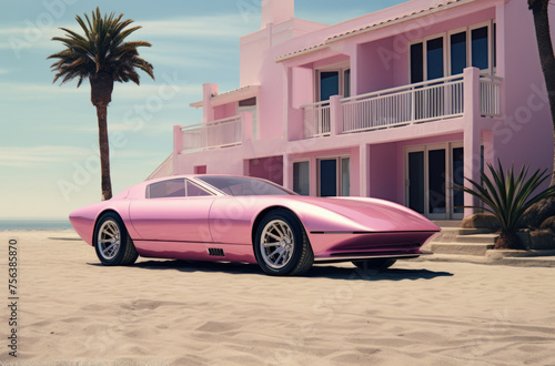 A pink sports car next to a pink house next to the sea. The blonde's house © Ruslan Gilmanshin