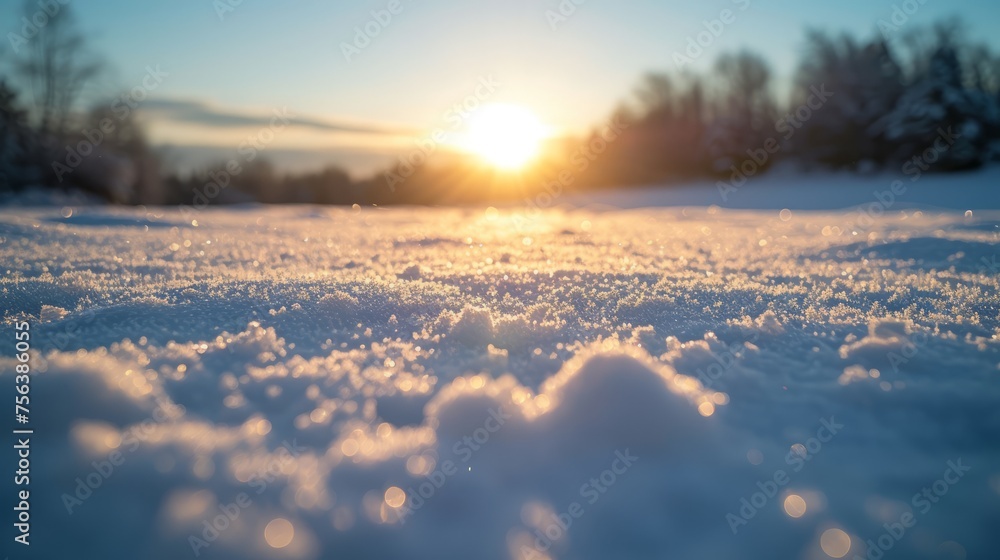 Close-up of snow crystals in the sunlight - obrazy, fototapety, plakaty 