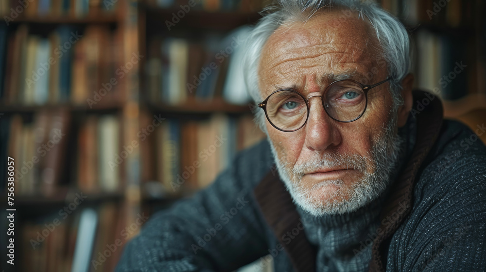 Elderly academic with a pensive expression, surrounded by books in a cozy study. Elderly academic with a pensive expression, surrounded by books in a cozy study.