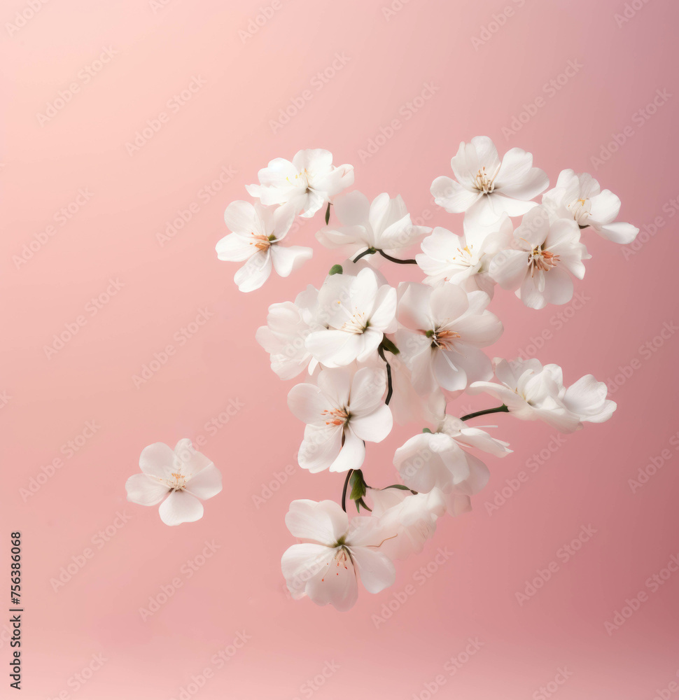 A blooming cherry blossom branch with falling petals against a pink background.Spring flower