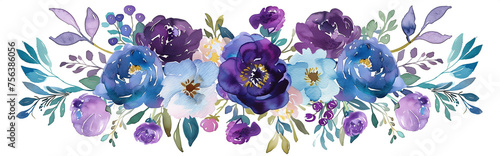 Panoramic watercolor floral border with vibrant blue and purple flowers and green foliage, ideal for wedding stationery or spring-themed background with space for text