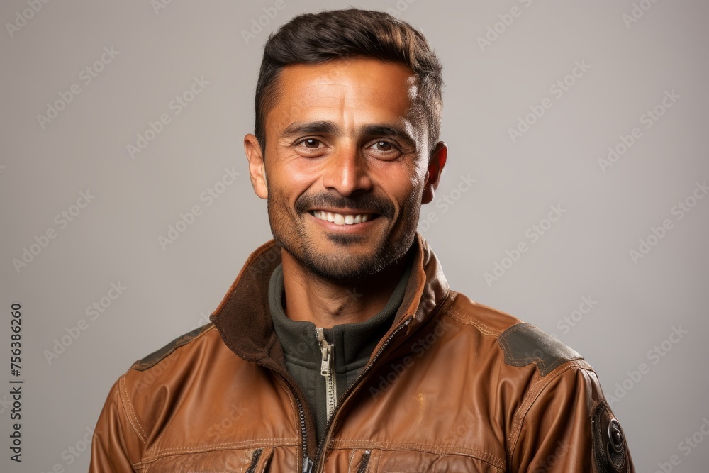 Portrait of a smiling man with a beard wearing a brown leather jacket Portrait of a smiling man with a beard wearing a brown leather jacket