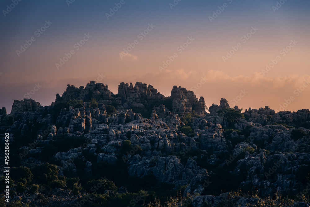 Sunset in the natural setting of El Torcal de Antequera. Andalusia. Spain.