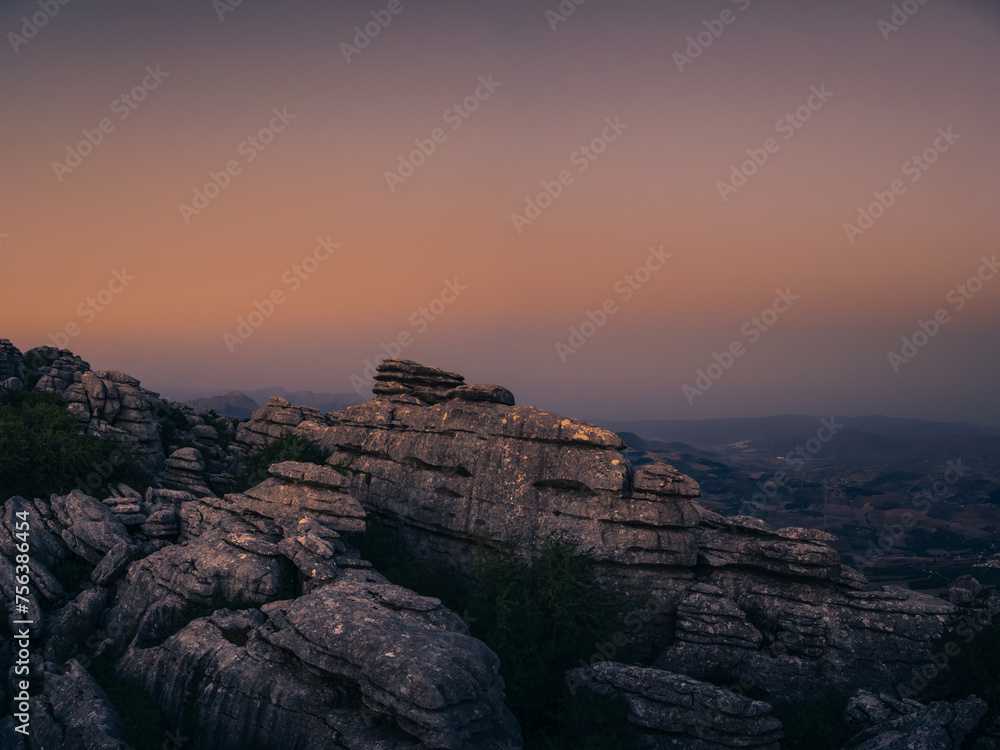 Sunset in the natural setting of El Torcal de Antequera. Andalusia. Spain.