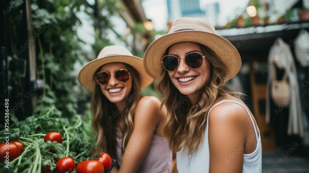 Two young women wearing hats and sunglasses are smiling at the camera