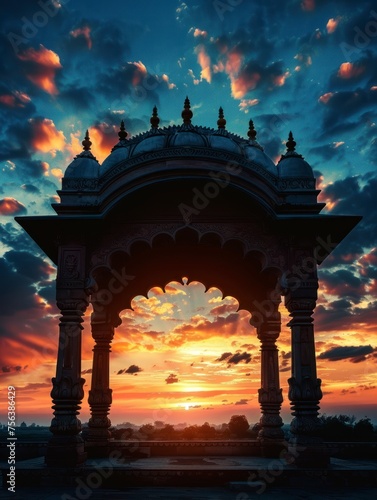 Indian arch silhouette in old temple at dramatic dark blue sunset sky background. Free space for text - generative ai © Nia™
