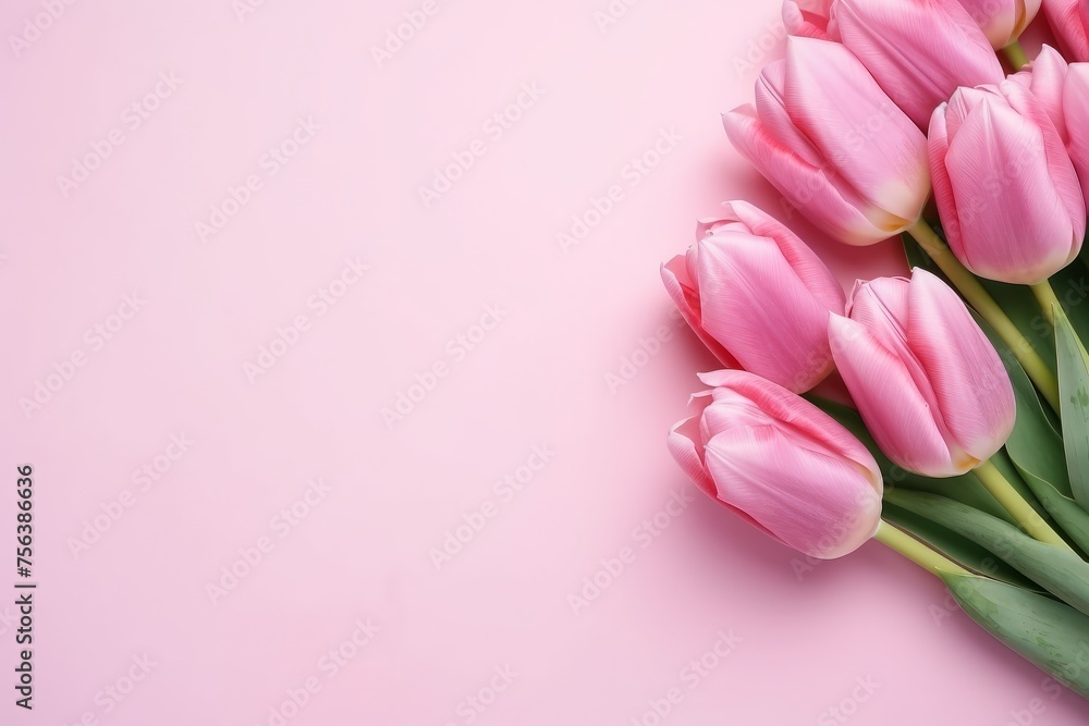 A bouquet of pink tulips on a pink background