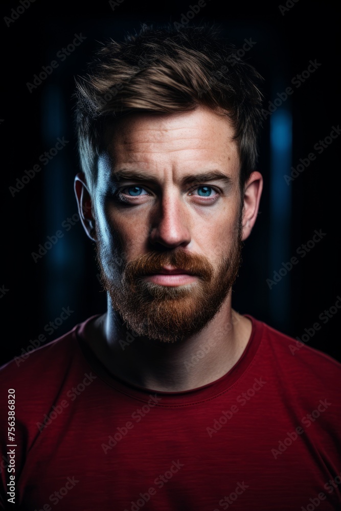 Portrait of a serious man with red beard and blue eyes