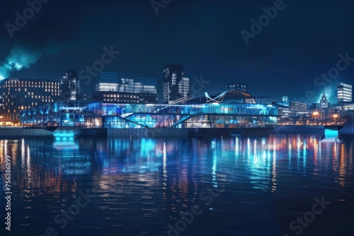 architecture concept on a lighted waterfront in a city at night