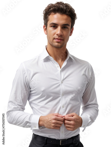 Close up shot of a handsome young man in a white shirt