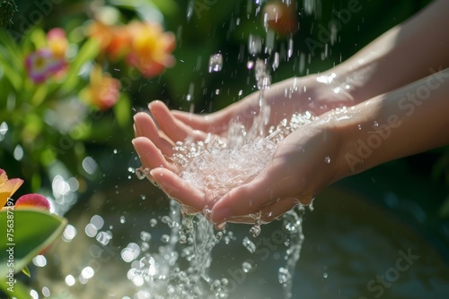 A person's hands are cupped to catch the water from a fountain.