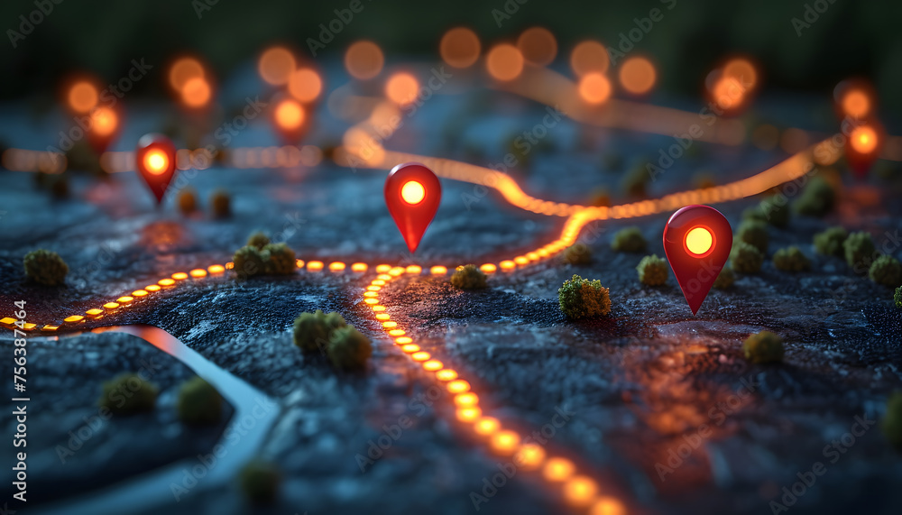 Location marking with a pin on a map with routes. Adventure, discovery, navigation, communication, logistics, geography, transport and travel theme concept Location marking with a pin on a map with routes. Adventure, discovery, navigation, communication, logistics, geography, transport and travel theme concept