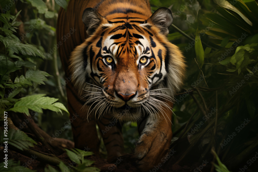 Close-up of a large tiger emerging from the middle of the forest. Close-up of a large tiger emerging from the middle of the forest.