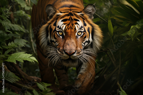 Close-up of a large tiger emerging from the middle of the forest.