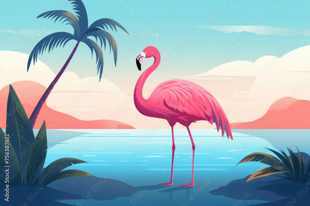 Fototapeta premium Beach summer holiday concept.Pink flamingo on beautiful sea background Illustration