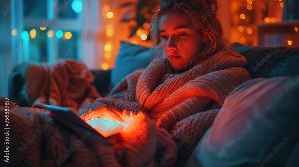 See a cozy living room adorned with plush pillows and blankets, where a person relaxes on the couch with a tablet, immersed in a captivating digital story or movie See a cozy living room adorned with plush pillows and blankets, where a person relaxes on the couch with a tablet, immersed in a captivating digital story or movie