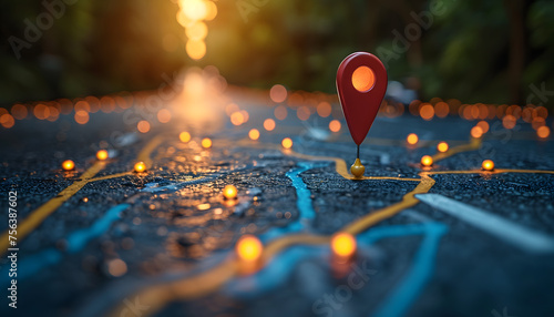 Location marking with a pin on a map with routes. Adventure, discovery, navigation, communication, logistics, geography, transport and travel theme concept 