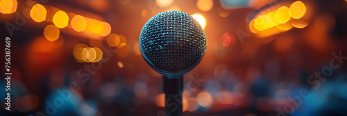  Microphone Stands Sharp Against a Blurred,
A microphone for a news conference speaker report interview or broadcasting a public speech stage performance or presentation photo