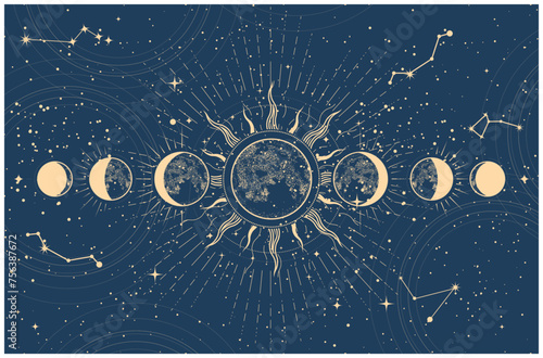 Lunar phases and moon eclipse, mystical moon in space, astrology and horoscope background, oneiromancy, vector photo