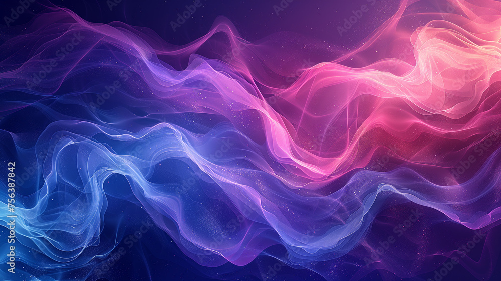 Abstract digital background with flowing blue and pink waves with space for text, ideal for technology or creative content, with a vibrant cosmic feel