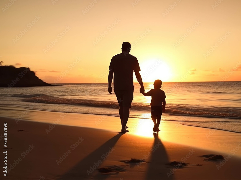Happy Dad and son walk and hold hands on sunset the beach on vacation summer holiday.Silhouette of the family
