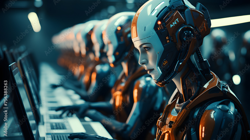 Robots working at a computer in a call center - obrazy, fototapety, plakaty 