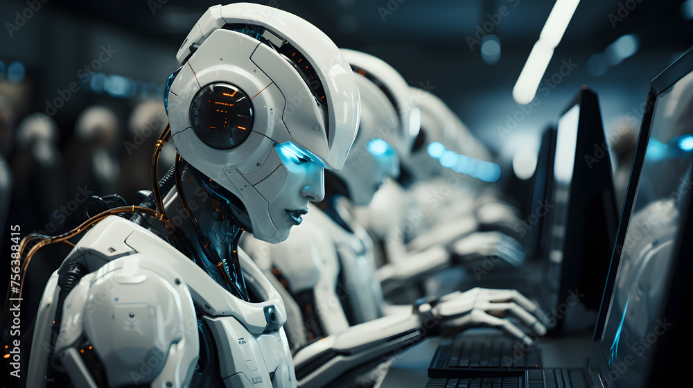 Fototapeta premium Robots working at a computer in a call center