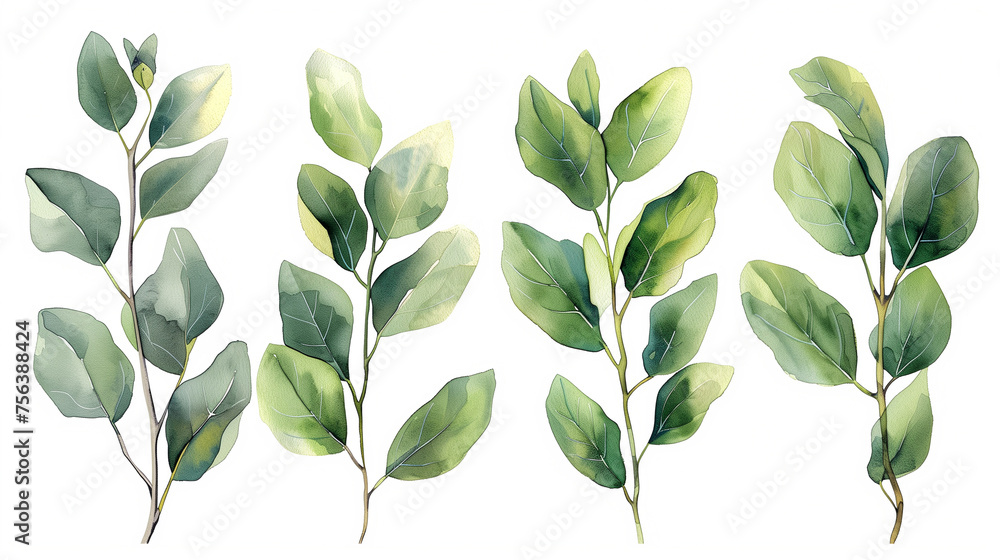Collection of eucalyptus branches watercolor illustrations, isolated on white background, suitable for botanical themes, invitation design elements, or natural eco-friendly concept visuals