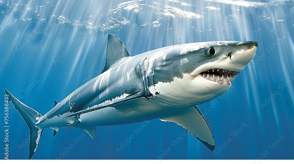 Fototapeta premium Majestic blue shark in vibrant underwater wildlife, swimming in its natural ocean habitat scene