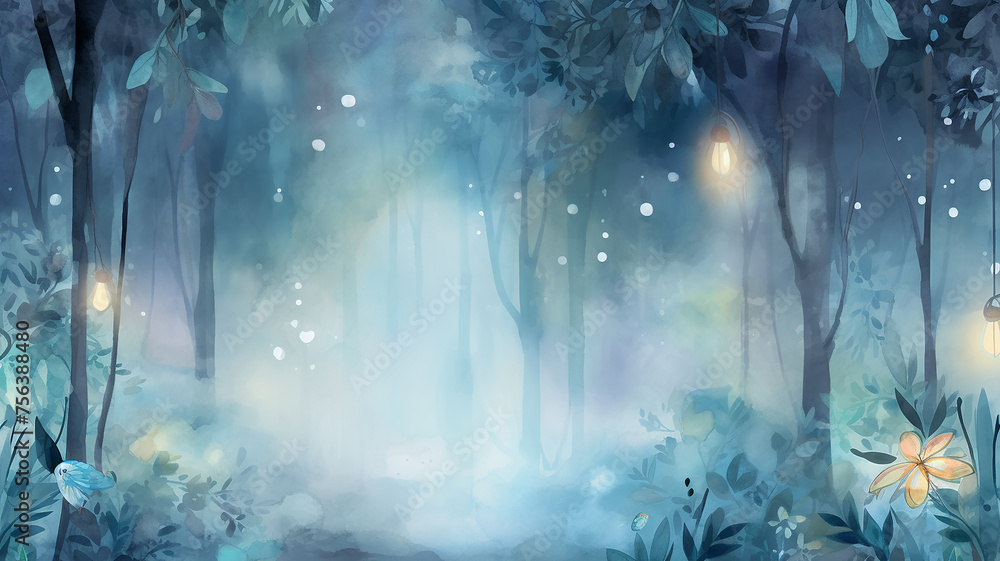 Fototapeta premium watercolor background light green blue and white shades rainforest in the rainy season, abstract background