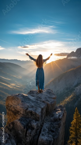 carefree woman standing on a cliff with arms outstretched enjoying the sunset over a mountain landscape