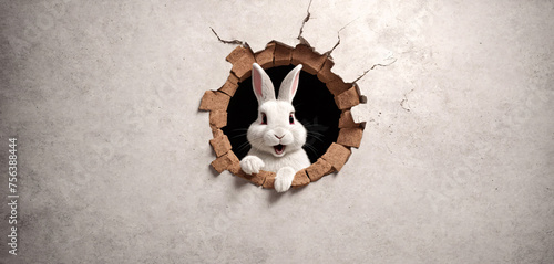 The Easter Bunny peeks through a hole in the wall