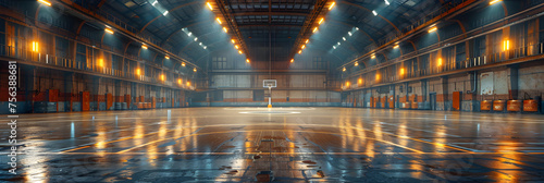 Large Basketball Arena with Copy Space, A large warehouse with a blue light on the ceiling