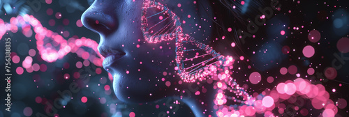 Close-up of a woman's profile with glowing neon DNA helix graphics, representing biotechnology concepts, with bokeh lights background providing copy space, 3D illustration