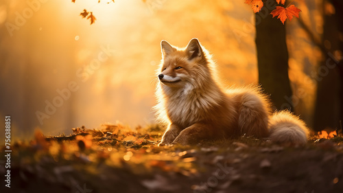 cute fox in the autumn forest, orange tones of an autumn day in a portrait of a wild nature predator