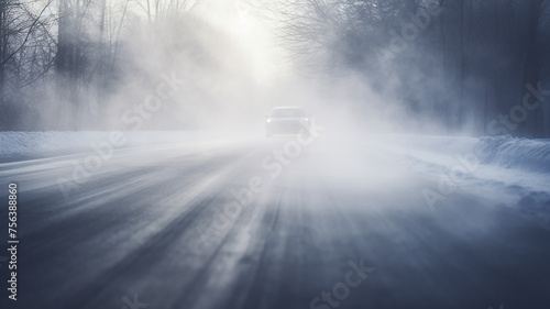 fog on a dangerous winter slippery road, a car with headlights in a risky climate cold and ice photo