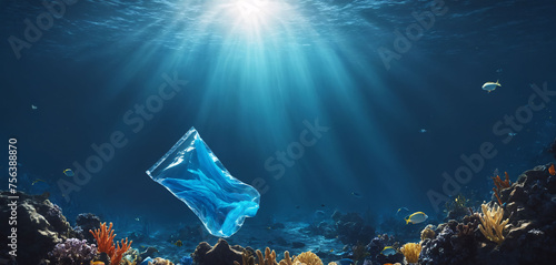 A discarded plastic bag drifts in the blue ocean. Ocean pollution