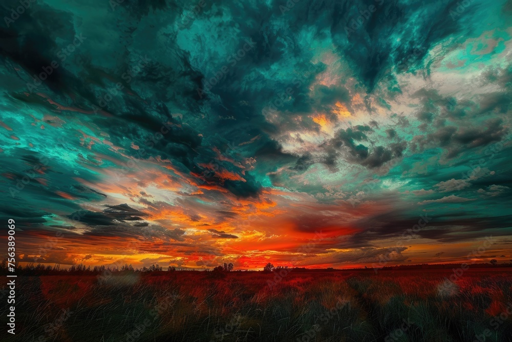 Turbulent Sunset over Field in Dark Turquoise and Red - Abstract and Colorful Nature Photo Turbulent Sunset over Field in Dark Turquoise and Red - Abstract and Colorful Nature Photo