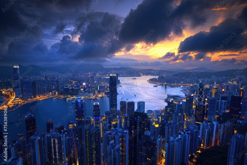 Twilight Over Hong Kong City: Stunning View of Victoria Harbor and Waterfront at Dusk
